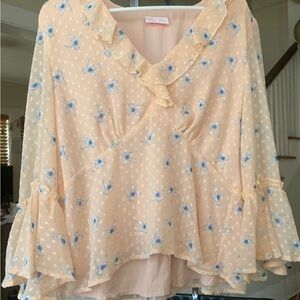 PINK LILY EMPIRE WAISTE RUFFLE DETAIL SWISS DOT BLOUSE EUC